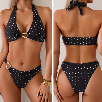 Női bikini két részes, fűzős, pöttyös mintázat, nyitott hátsó, magas rugalmasságú, melltartó párnával, anyag: poliészter 82% / spandex 18%