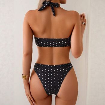 Női bikini két részes, fűzős, pöttyös mintázat, nyitott hátsó, magas rugalmasságú, melltartó párnával, anyag: poliészter 82% / spandex 18%