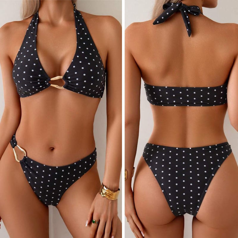 Női bikini két részes, fűzős, pöttyös mintázat, nyitott hátsó, magas rugalmasságú, melltartó párnával, anyag: poliészter 82% / spandex 18%