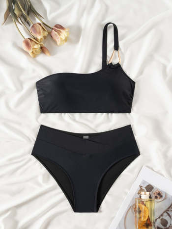 Bikini cu un umăr, cataramă metalică, două piese, cupe căptușite, nailon/elastan 82/18, siluetă slim, de înaltă calitate