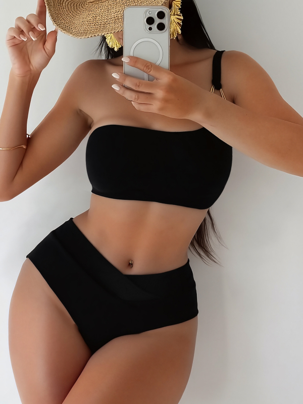 Bikini cu un umăr, cataramă metalică, două piese, cupe căptușite, nailon/elastan 82/18, siluetă slim, de înaltă calitate
