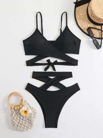 Női magas derekú bikini szett szexi összerakott dizájnnal, töltött felső, rugalmas poliészter/nylon anyag, 200 g