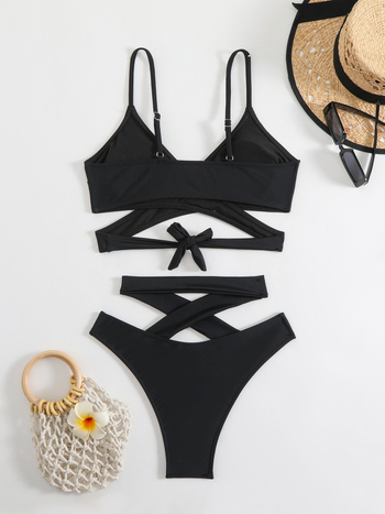 Női magas derekú bikini szett szexi összerakott dizájnnal, töltött felső, rugalmas poliészter/nylon anyag, 200 g