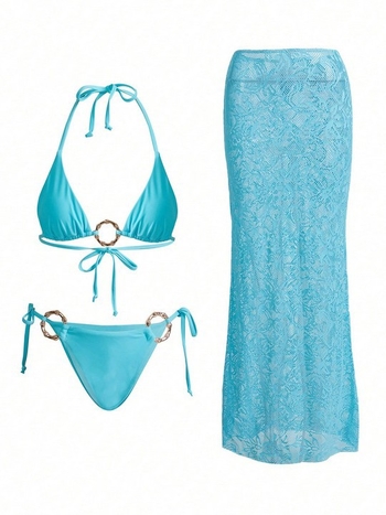 Trodijelni bikini set s mrežastim prekrivačem, poliester tkanina s podstavom od spandeksa, s umetnim jastučićima za prsima