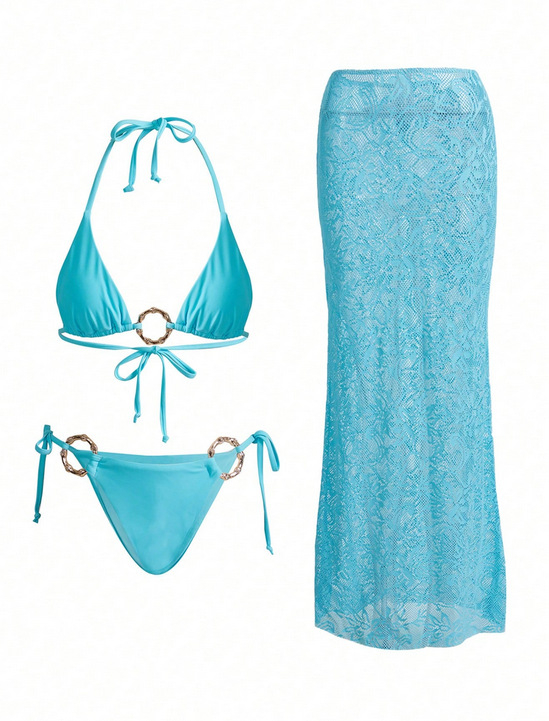 Trodijelni bikini set s mrežastim prekrivačem, poliester tkanina s podstavom od spandeksa, s umetnim jastučićima za prsima