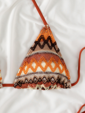 Női háromszög bikiniszett texturált anyaggal, etnikus stílus, párnázott felső, 82% poliészter anyag és bélés