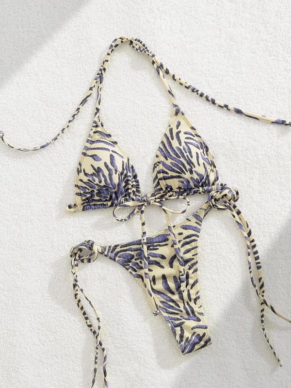 Costum de baie din două piese, cu șnururi și imprimeu; material poliester; căptușeală poliester+ elastan; uscare rapidă; elasticitate ridicată; fără suport metalic