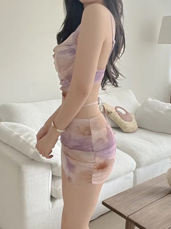 Set de bikini pentru femei, trei piese, imprimeu tie-dye, cu burete pentru bust și fără armături din oțel, nylon