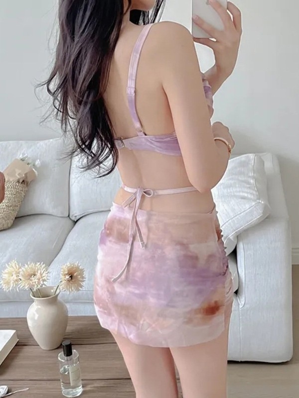 Set de bikini pentru femei, trei piese, imprimeu tie-dye, cu burete pentru bust și fără armături din oțel, nylon