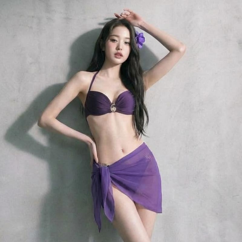 Ženski trodjelni bikini set s podstavljenim gornjim dijelom i haljinom za pokrivanje; najlon tkanina s poliesterom; europsko-američki stil; pogodan za plivanje i vodene sportove