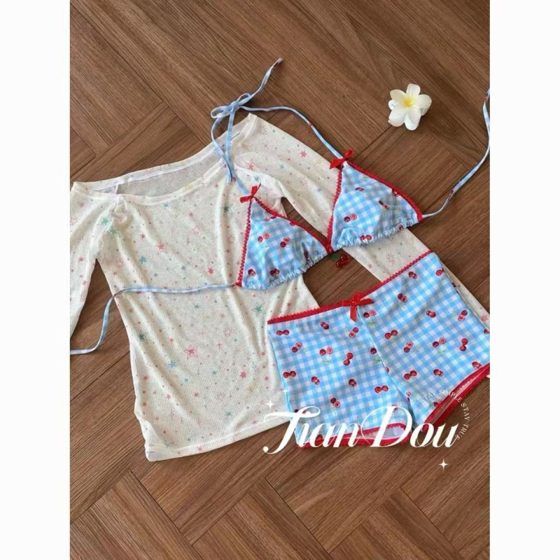 Trodjelni bikini set sa suknjom, gornji dio s podstavom bez jastučića – poliester, prugasti uzorak