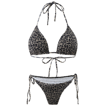 Costum de baie bikini leopard, halter cu șnur, top căptușit, două piese, poliester 82% / spandex 18%, 200 g