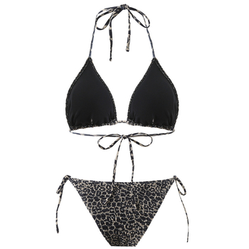 Costum de baie bikini leopard, halter cu șnur, top căptușit, două piese, poliester 82% / spandex 18%, 200 g