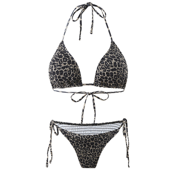 Costum de baie bikini leopard, halter cu șnur, top căptușit, două piese, poliester 82% / spandex 18%, 200 g