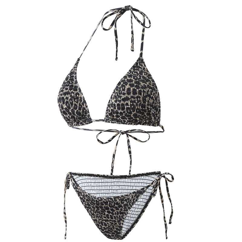 Costum de baie bikini leopard, halter cu șnur, top căptușit, două piese, poliester 82% / spandex 18%, 200 g