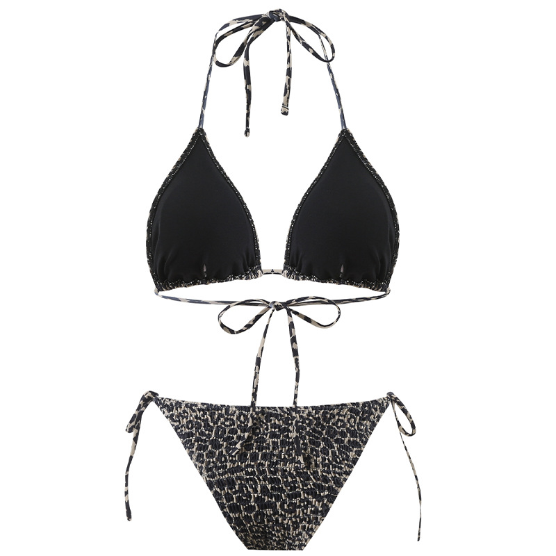 Costum de baie bikini leopard, halter cu șnur, top căptușit, două piese, poliester 82% / spandex 18%, 200 g