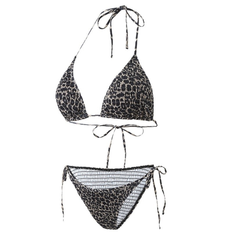 Costum de baie bikini leopard, halter cu șnur, top căptușit, două piese, poliester 82% / spandex 18%, 200 g