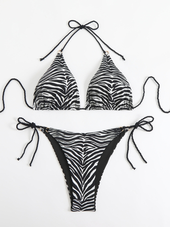 Kétrészes Zebra mintás fürdőruha, nyakba kötős, párnázott melltartó, gyors száradás