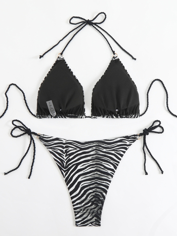 Kétrészes Zebra mintás fürdőruha, nyakba kötős, párnázott melltartó, gyors száradás