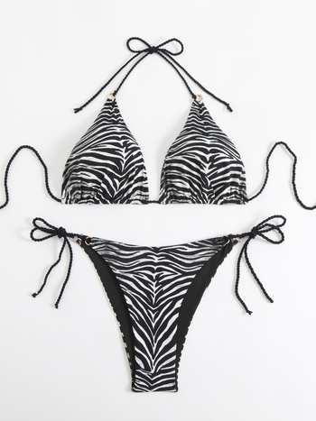 Kétrészes Zebra mintás fürdőruha, nyakba kötős, párnázott melltartó, gyors száradás