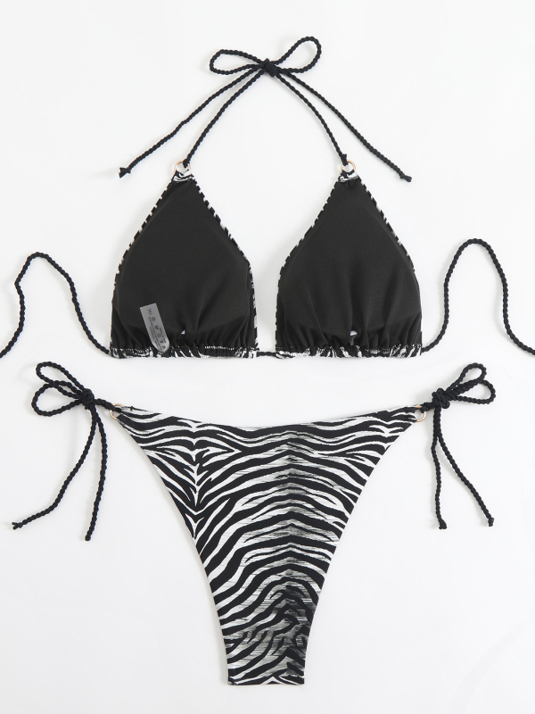 Kétrészes Zebra mintás fürdőruha, nyakba kötős, párnázott melltartó, gyors száradás