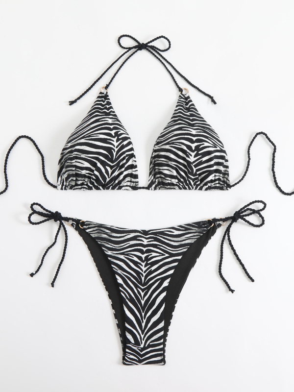 Kétrészes Zebra mintás fürdőruha, nyakba kötős, párnázott melltartó, gyors száradás