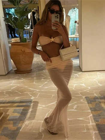Ženski bikini set od tri dijela s mrežastom dugom suknjom i bikini gornjim dijelom i donjim dijelom; najlon 80%, podstava poliester, bez rukava