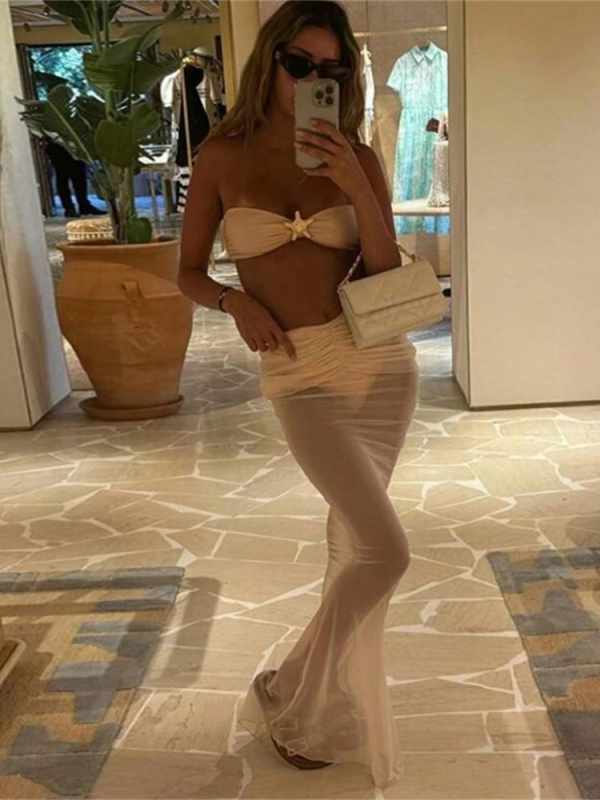 Ženski bikini set od tri dijela s mrežastom dugom suknjom i bikini gornjim dijelom i donjim dijelom; najlon 80%, podstava poliester, bez rukava