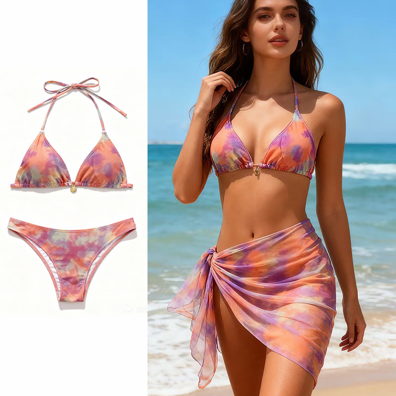 Trodjelni bikini set s gradijentnim printom, halterneck vrpca za vrat, umetci za grudi, poliester s podstavom od spandexa