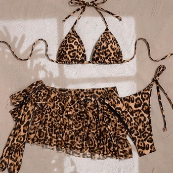 Ženski trodijelni kupaći kostim s leopard uzorkom i jastučicima za grudi, 82% poliester, 200 g