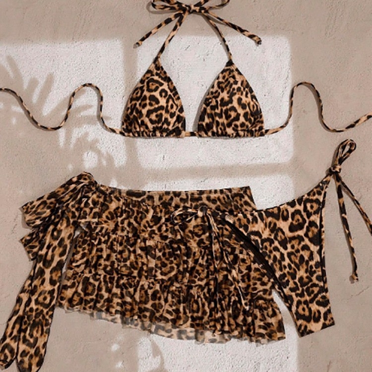 Ženski trodijelni kupaći kostim s leopard uzorkom i jastučicima za grudi, 82% poliester, 200 g