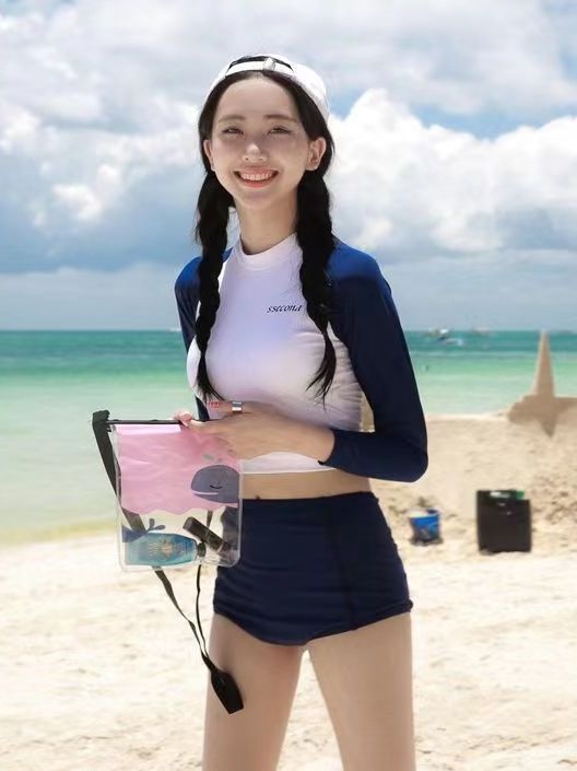 Costum de baie pentru femei, două piese, mâneci lungi, talie înaltă, sutien triunghi cu burete, culoare solidă, poliester