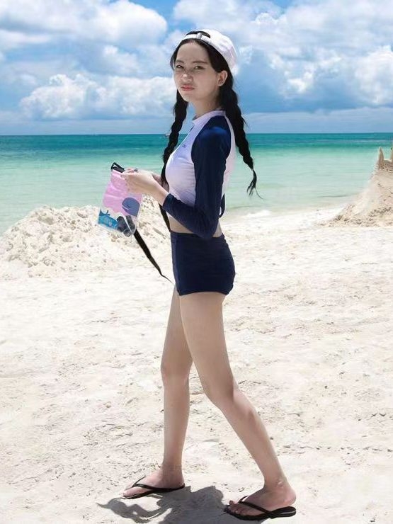 Costum de baie pentru femei, două piese, mâneci lungi, talie înaltă, sutien triunghi cu burete, culoare solidă, poliester