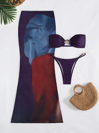 Trodjelni bikini set s dugom pokrivnom suknjom, top bez naramenica s otvorenim leđima, poliester