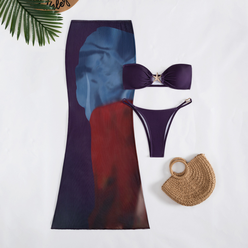 Trodjelni bikini set s dugom pokrivnom suknjom, top bez naramenica s otvorenim leđima, poliester