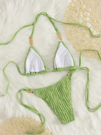 Dvodijelni bikini s lančanim halterom i jastučićem za prsa – poliester, jednofarbni uzorak