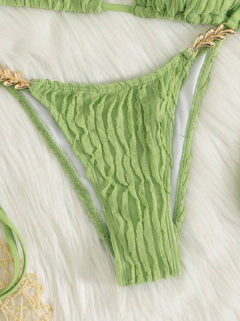 Dvodijelni bikini s lančanim halterom i jastučićem za prsa – poliester, jednofarbni uzorak