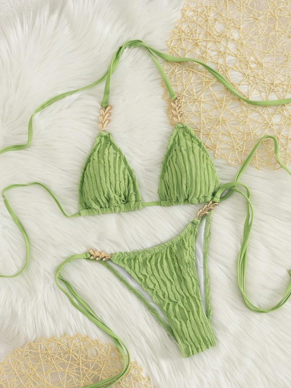 Dvodijelni bikini s lančanim halterom i jastučićem za prsa – poliester, jednofarbni uzorak