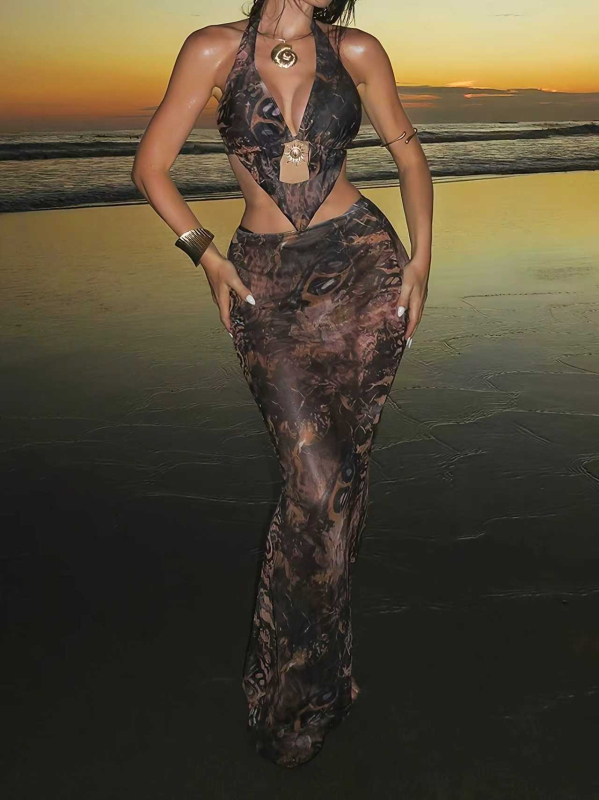 Set de baie din trei piese cu decolteu halter, imprimeu decupat și plasă transparentă în jurul șoldurilor