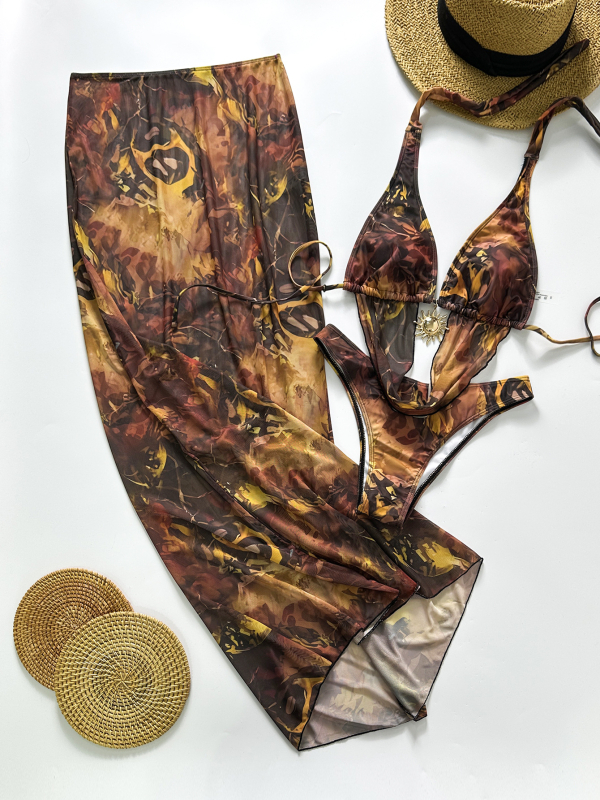 Set de baie din trei piese cu decolteu halter, imprimeu decupat și plasă transparentă în jurul șoldurilor