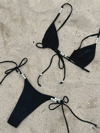 Ženski bikini set s trokutastim vezivanjem, dva komada, gornji dio s ulošcima; Poliester 82/18; Podstava Spandex 82/18; Težina tkanine 110 g/m²; Seksi, tijesan, bez leđa, visoka elastičnost