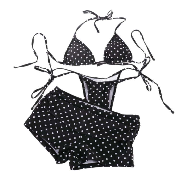 Crni bikini set s točkastim uzorkom, vezice, trodijelni kupaći kostim