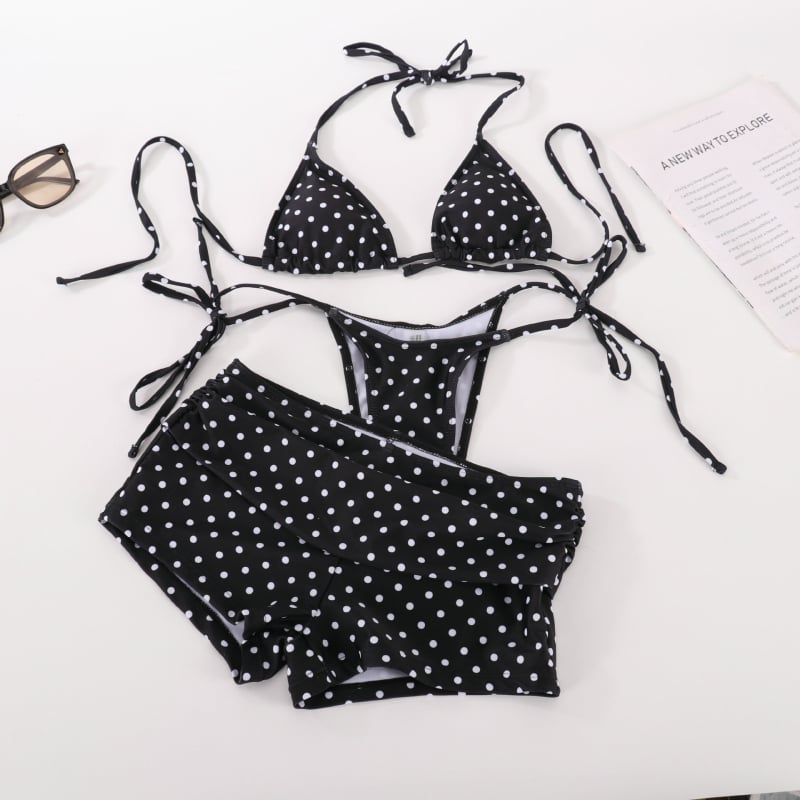 Crni bikini set s točkastim uzorkom, vezice, trodijelni kupaći kostim