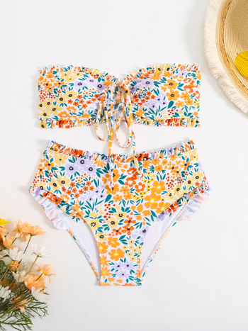 Costum de baie întreg pentru femei - talie înaltă, spate decupat, imprimeu floral; poliester 82% cu căptușeală din elastan 20%, 210 g