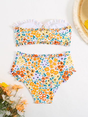 Costum de baie întreg pentru femei - talie înaltă, spate decupat, imprimeu floral; poliester 82% cu căptușeală din elastan 20%, 210 g