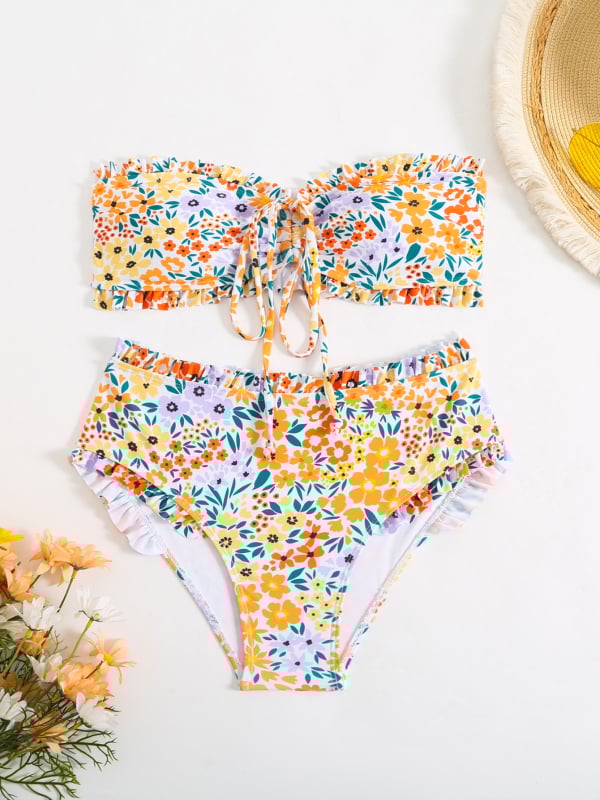 Costum de baie întreg pentru femei - talie înaltă, spate decupat, imprimeu floral; poliester 82% cu căptușeală din elastan 20%, 210 g