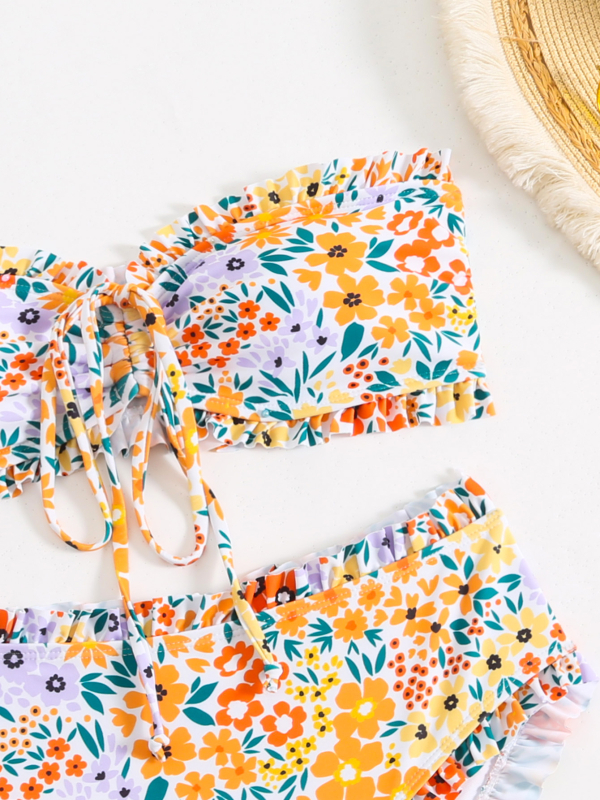 Costum de baie întreg pentru femei - talie înaltă, spate decupat, imprimeu floral; poliester 82% cu căptușeală din elastan 20%, 210 g