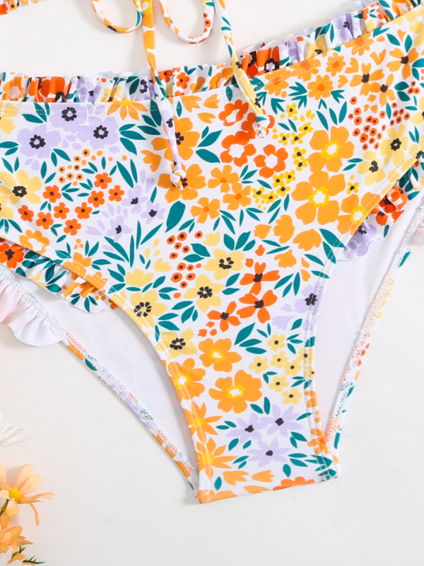 Costum de baie întreg pentru femei - talie înaltă, spate decupat, imprimeu floral; poliester 82% cu căptușeală din elastan 20%, 210 g