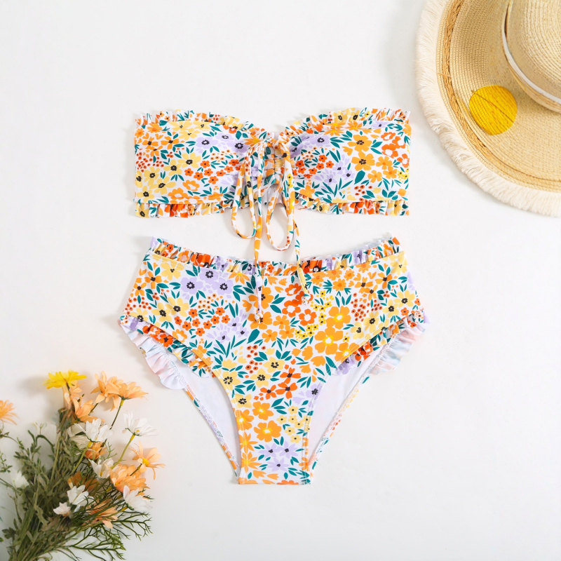 Costum de baie întreg pentru femei - talie înaltă, spate decupat, imprimeu floral; poliester 82% cu căptușeală din elastan 20%, 210 g