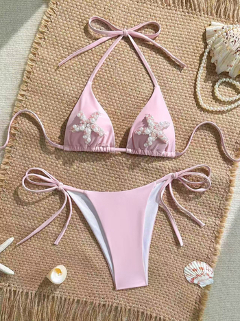 Ženski halterneck bikini s dekoracijom od morskih zvijezda i bisera, otvoren leđa, najlon s podstavom Spandex 80/20, 122 g